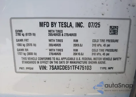 2026 Tesla Model X из США, поврежденный, VIN 7SAXCDE51TF475103